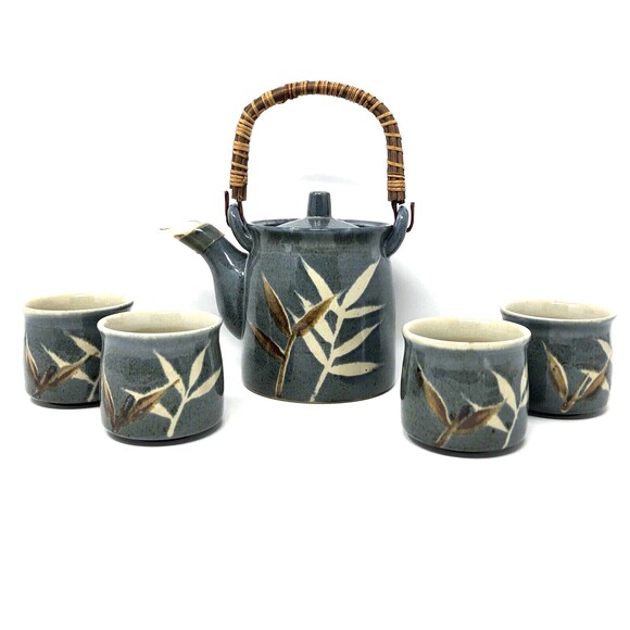 Vintage Studio Art Pottery Tea Set Bamboo Design Stoneware Teapot & 4 Cups Mugs - Picture 1 of 16